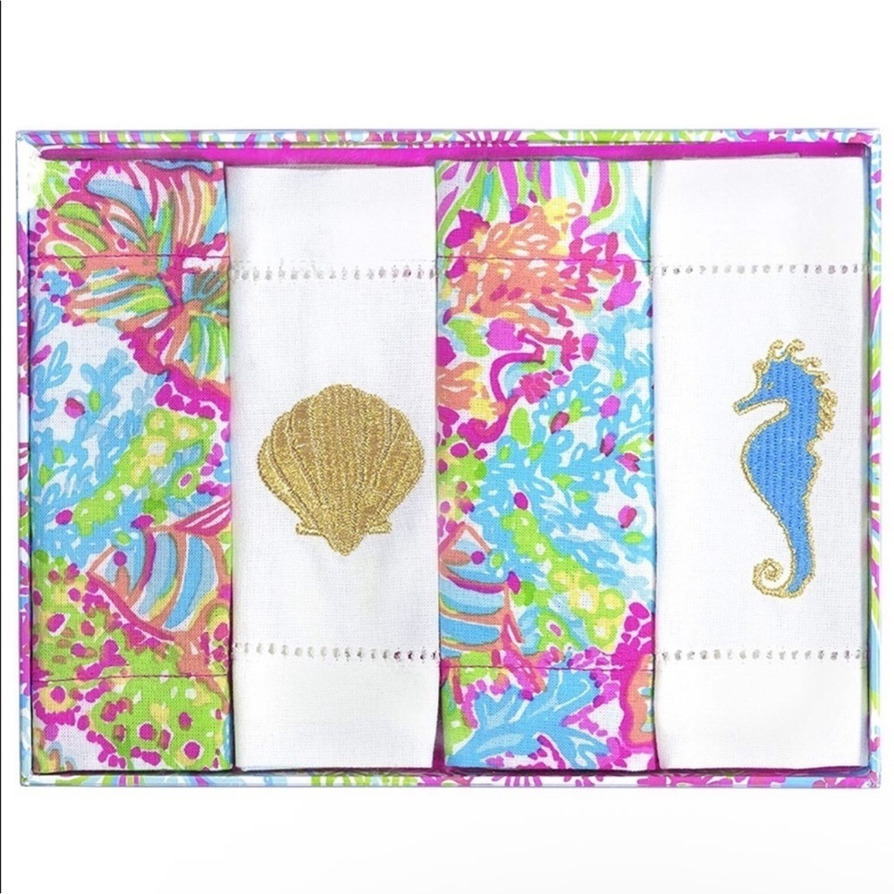 Lilly Pulitzer cotton embroidered cocktail napkin set of 4 NWT in box